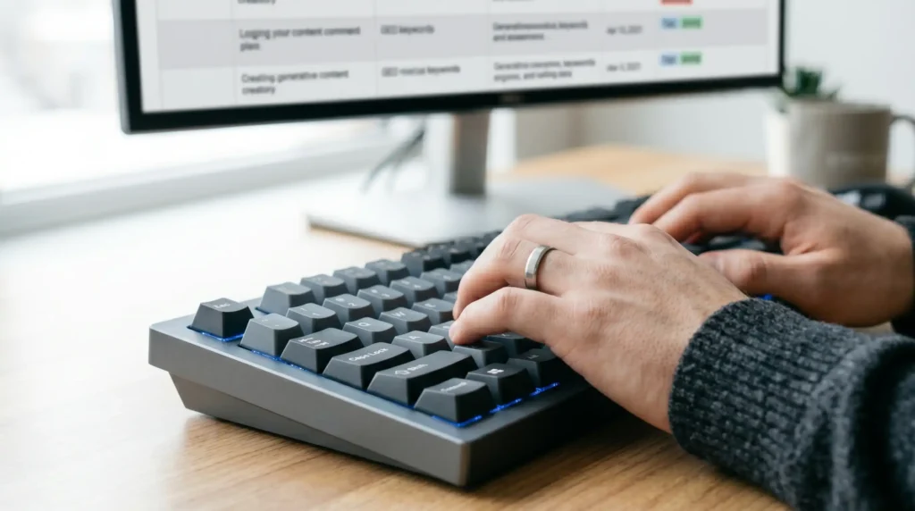 Hands typing out an AI blogging workflow on a mechanical keyboard